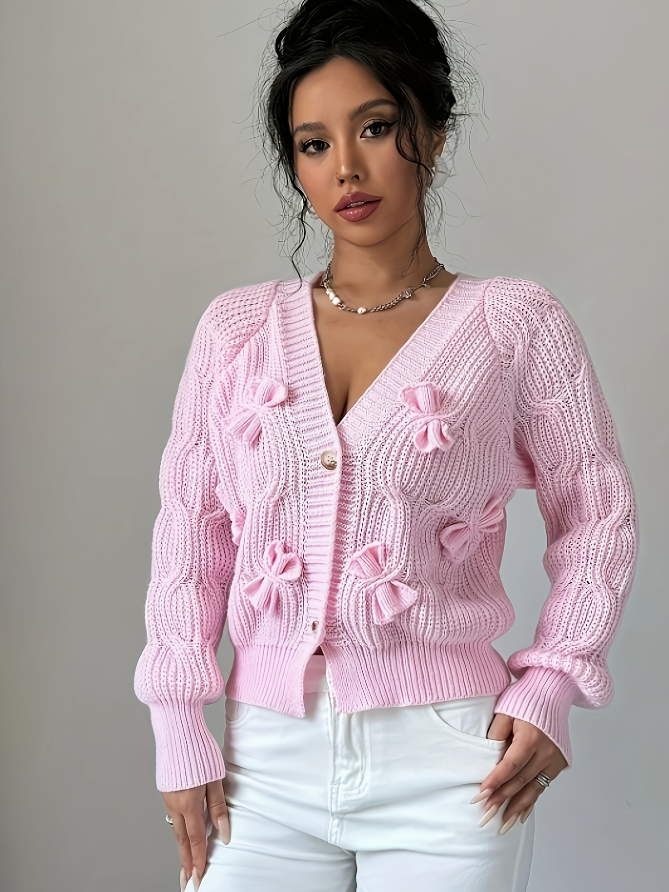 elegante rosa strickjacke damen dekorativer schleife v Temu Germany