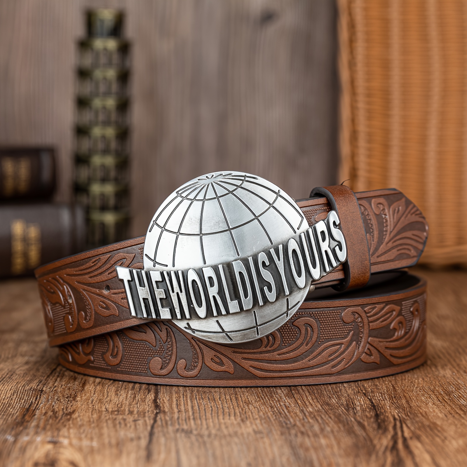 TEMU Earth Large Plate Buckle Trendy Belt Phoenix Tail Texture Pu Embossed Belt Men's Belt