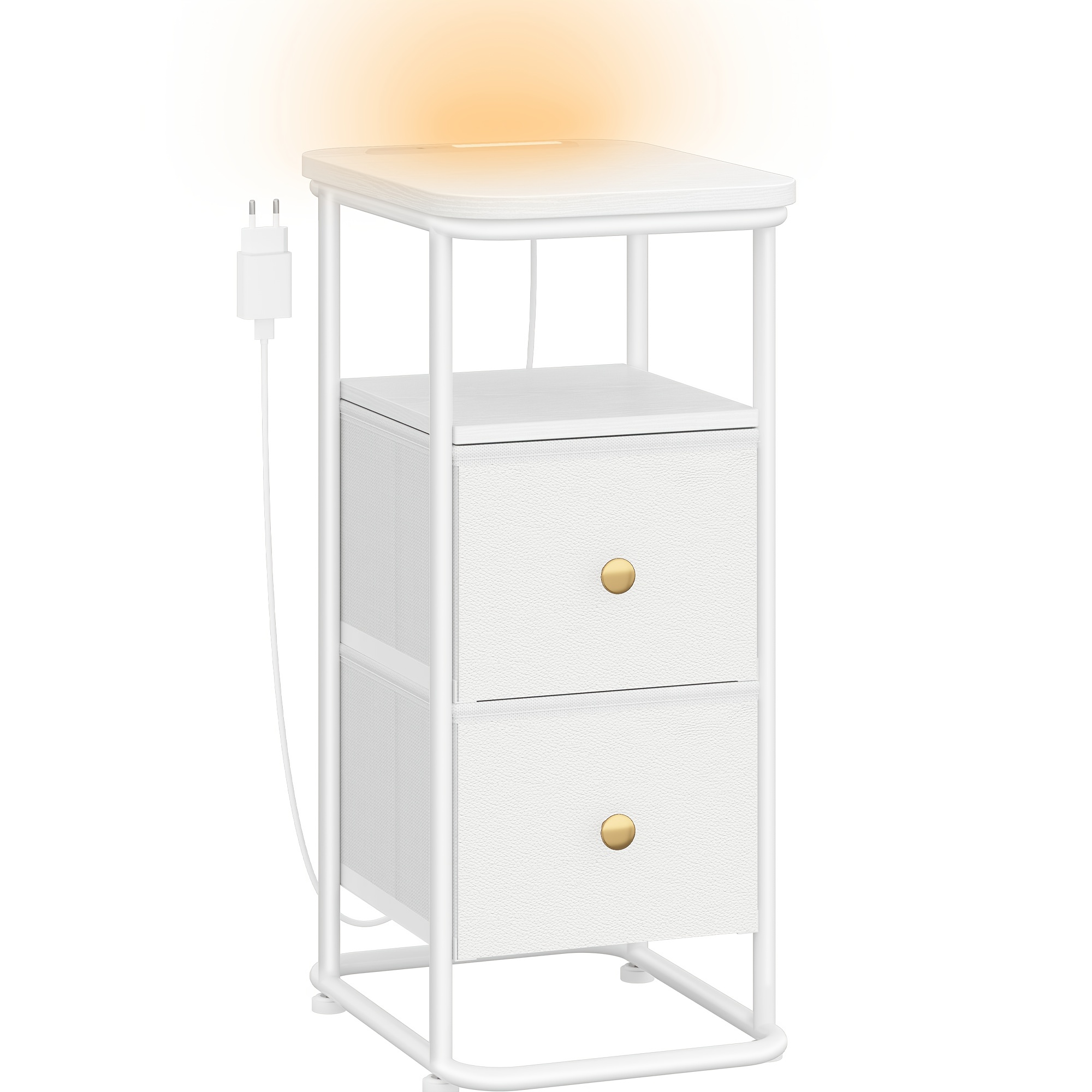 Slim Nightstand With Led Lights, Featuring 1 Usb-a And 1 Usb-c Port, With 2 Drawers, Suitable For Bedroom Or Living Room, In White And Black