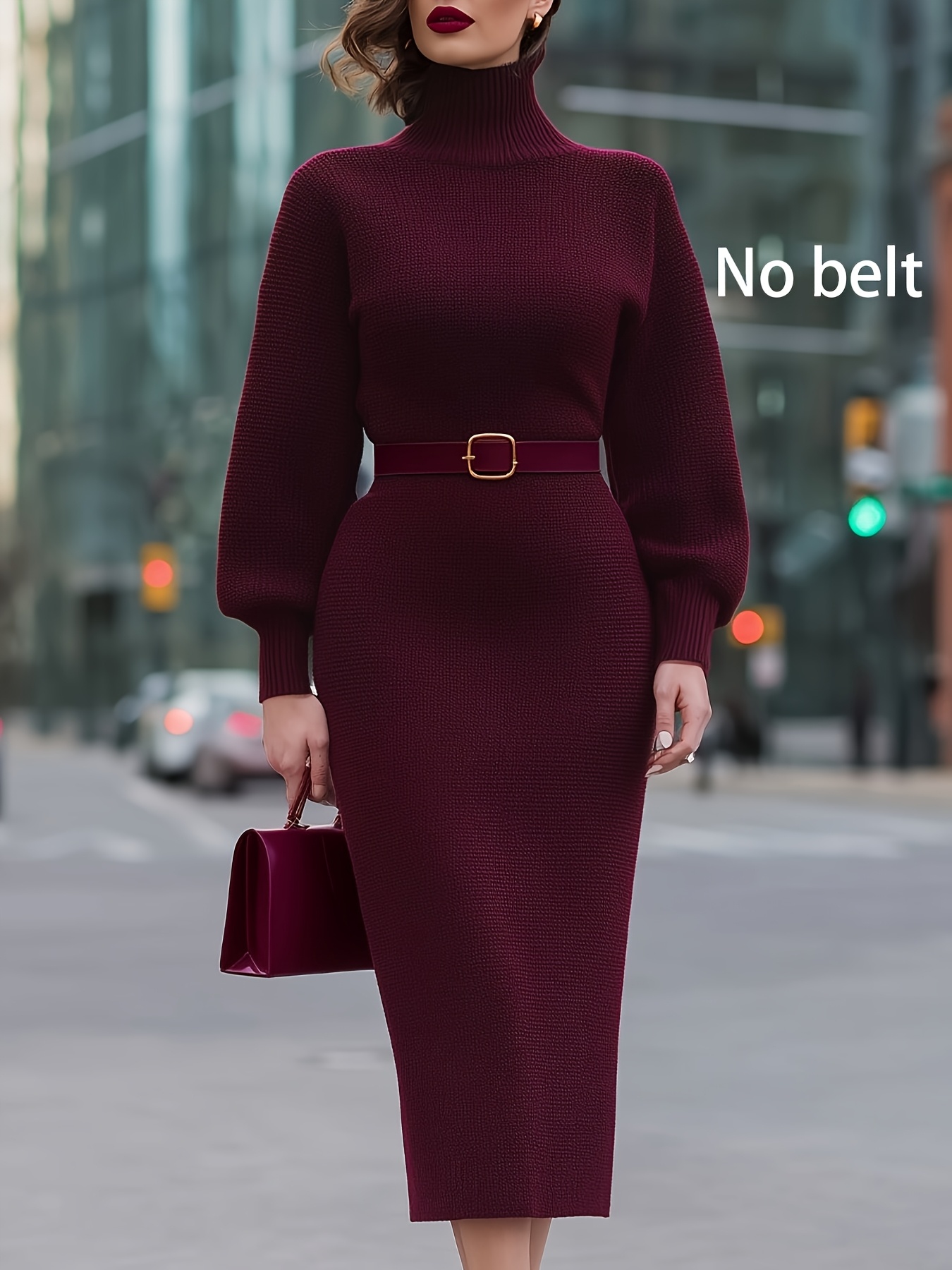 New Women's Autumn Winter * Elegant * Ribbed Solid Color High Neck Long  Sleeve Dress