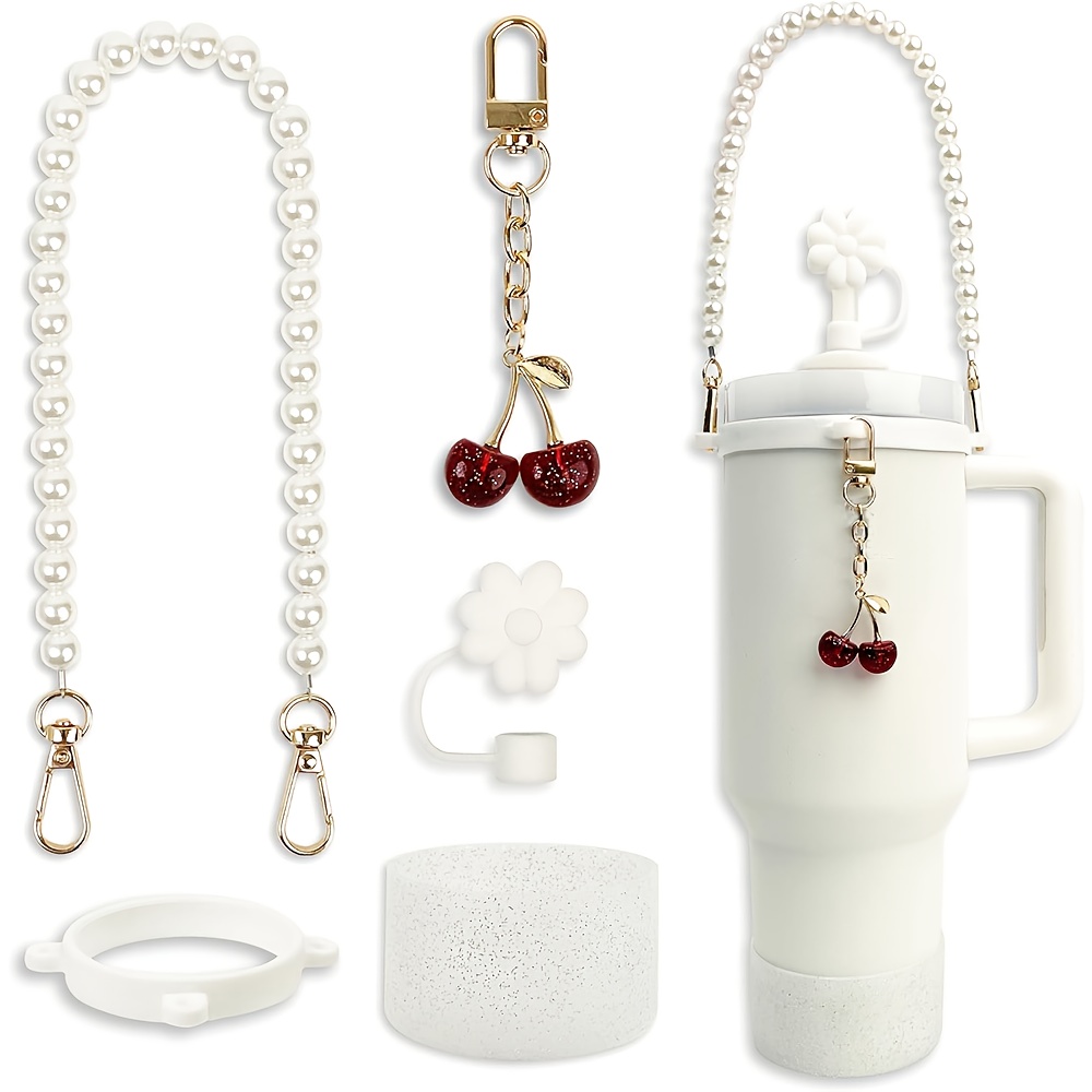Image of 5pcs Compatible For 30oz/40oz Tumbler Cup Accessories Set With Straw Cover, Silicone Boot, Handle Strap & Cherry Charm - Water Bottle Accessories, For &, Holiday Gift For 30/40oz Tumblers