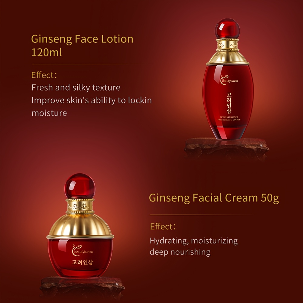 Colecție de îngrijire a pielii cu esență de ginseng coreean - Conține extracte vegetale, oferă hidratare profundă, întărește pielea, are o formulă ușoară și non-grasă, nu se aglomerează, prezentată într-o cutie cadou festivă
