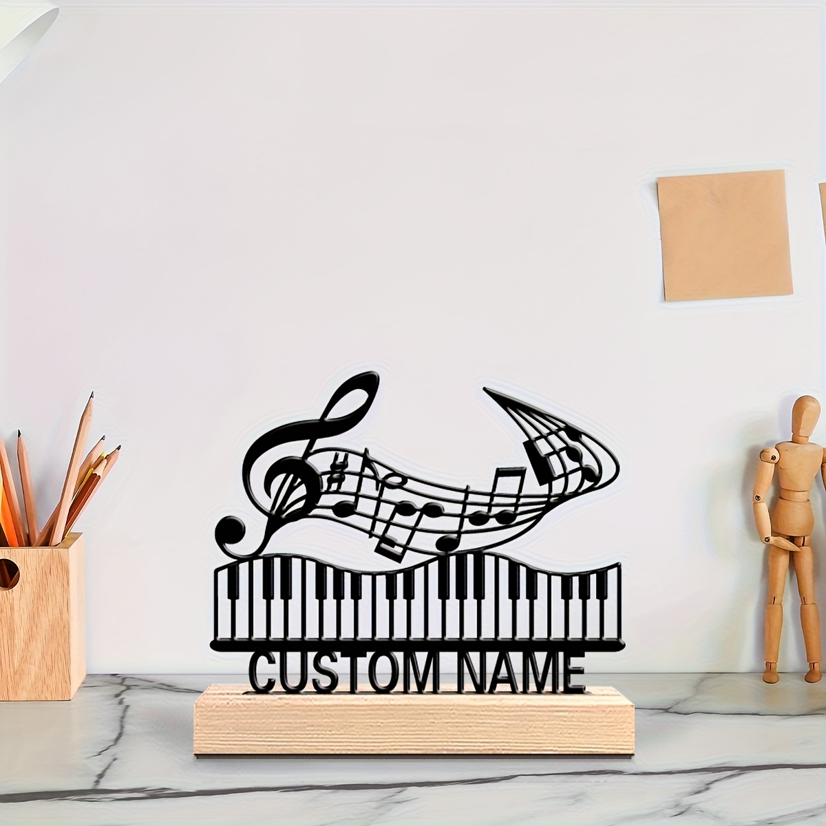 TEMU A Customizable Iron Sculpture Featuring Piano Keys And Musical Notes, Complete With A Wooden Base. This Personalized Metal Ornament Can Display
