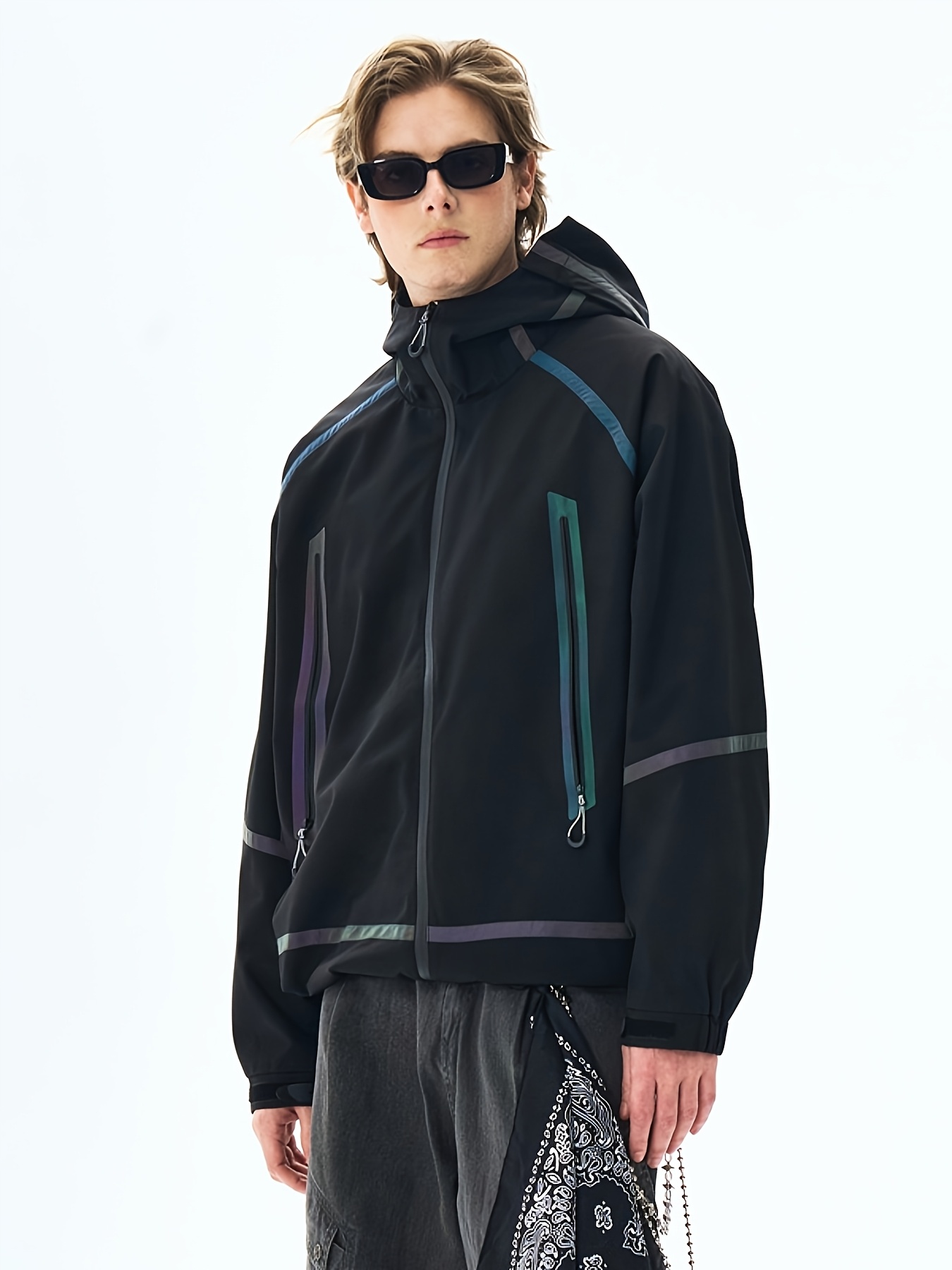 mens neon glow in dark reflective jacket full zip closure Temu