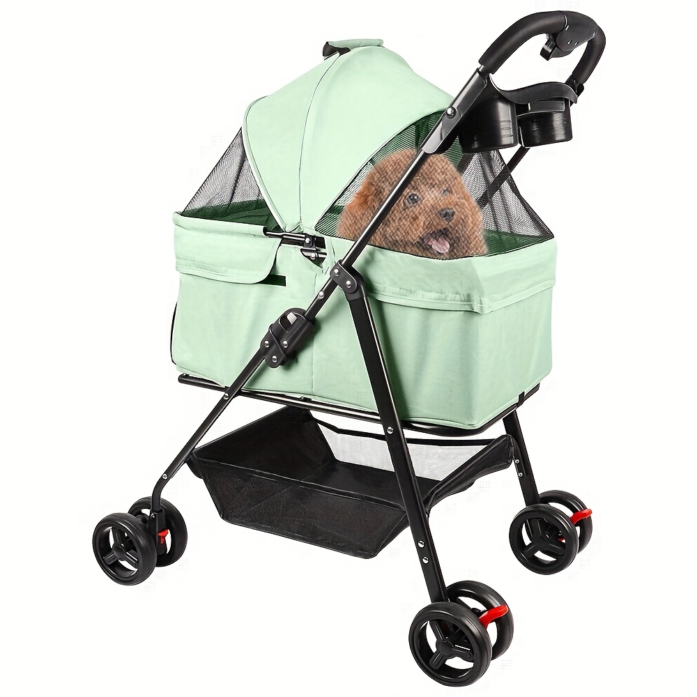 2in 1 Pet Stroller, 4 Wheels Pet Strolling Cart For Medium/small Dogs And Cats, Foldable Cat Jogger/dog Stroller With Removable Basket, Lightweight Travel Under 15kg Green (50x65x99cm)