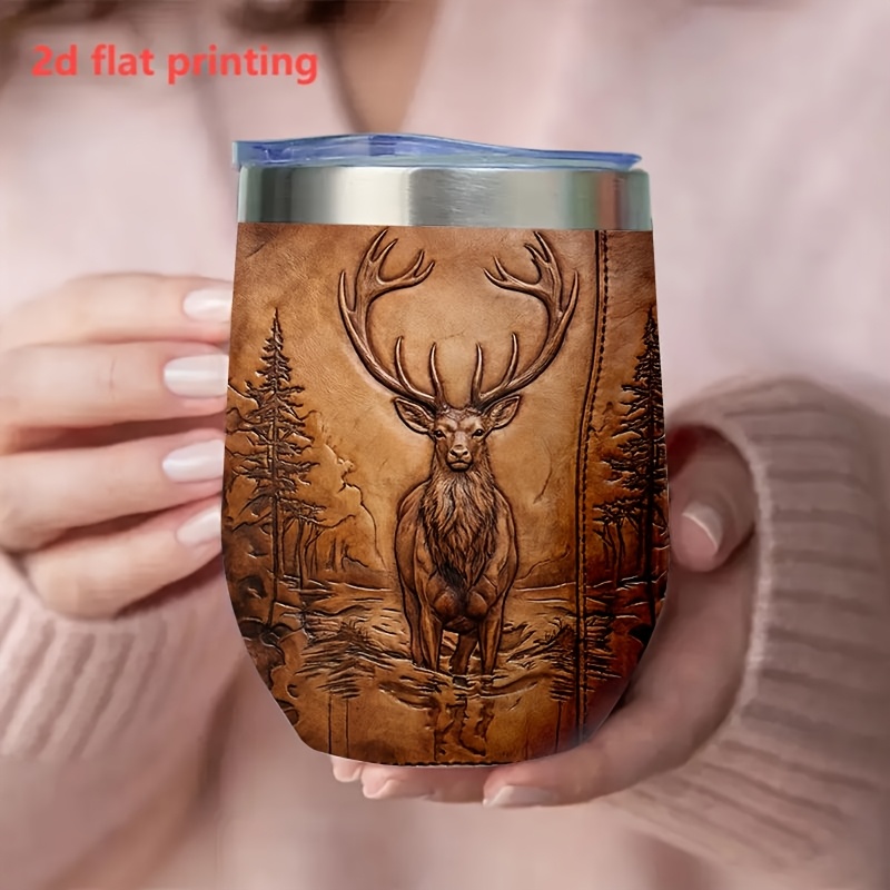 TEMU 2d Flat Printing Single 12oz Stainless Steel Coffee Cup And Mug, With Leak-proof Design, Perfect As A Gift, Featuring Reindeer-themed Animal