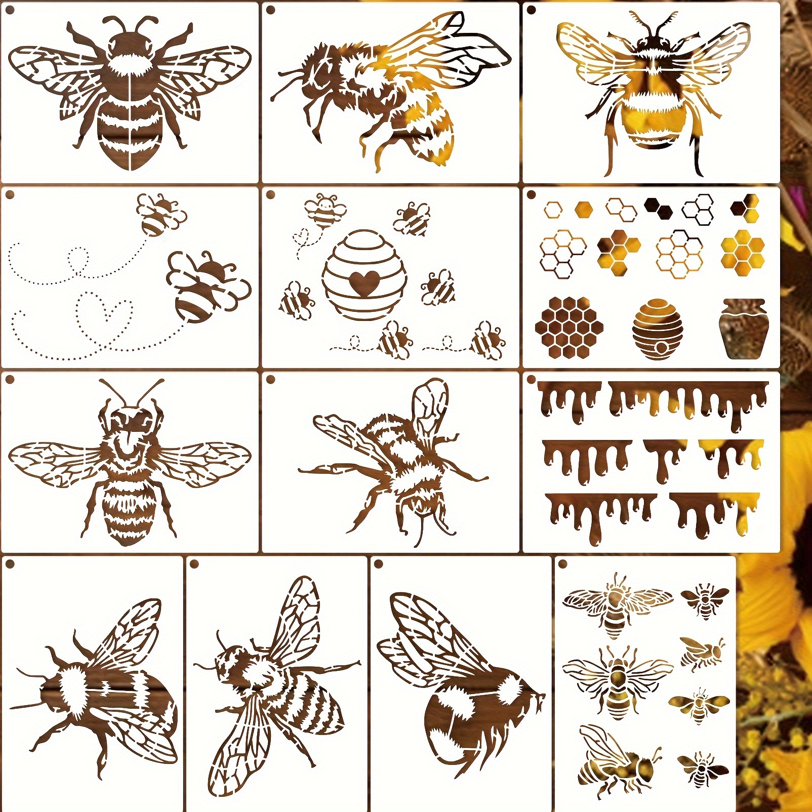 

13pcs Bee Honey Bee Honeycomb Stencils For Crafts Rock Paint Template Plastic Reusable Stencils For Painting On Wall Tile Shirt Canvas Burning Home