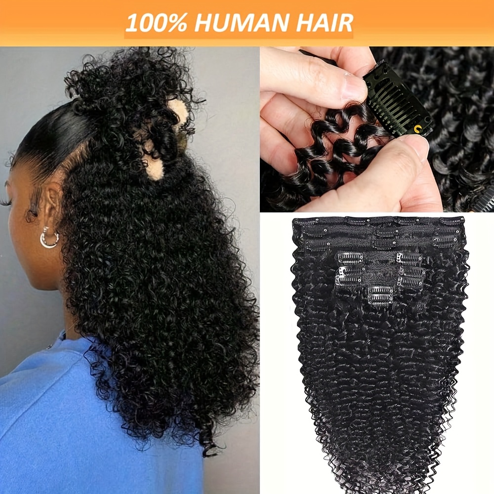 TEMU Ensemble de 8 extensions de cheveux à Afro pour femmes, fabriquées à partir de cheveux humains, naturel, comprenant des extensions ondulées