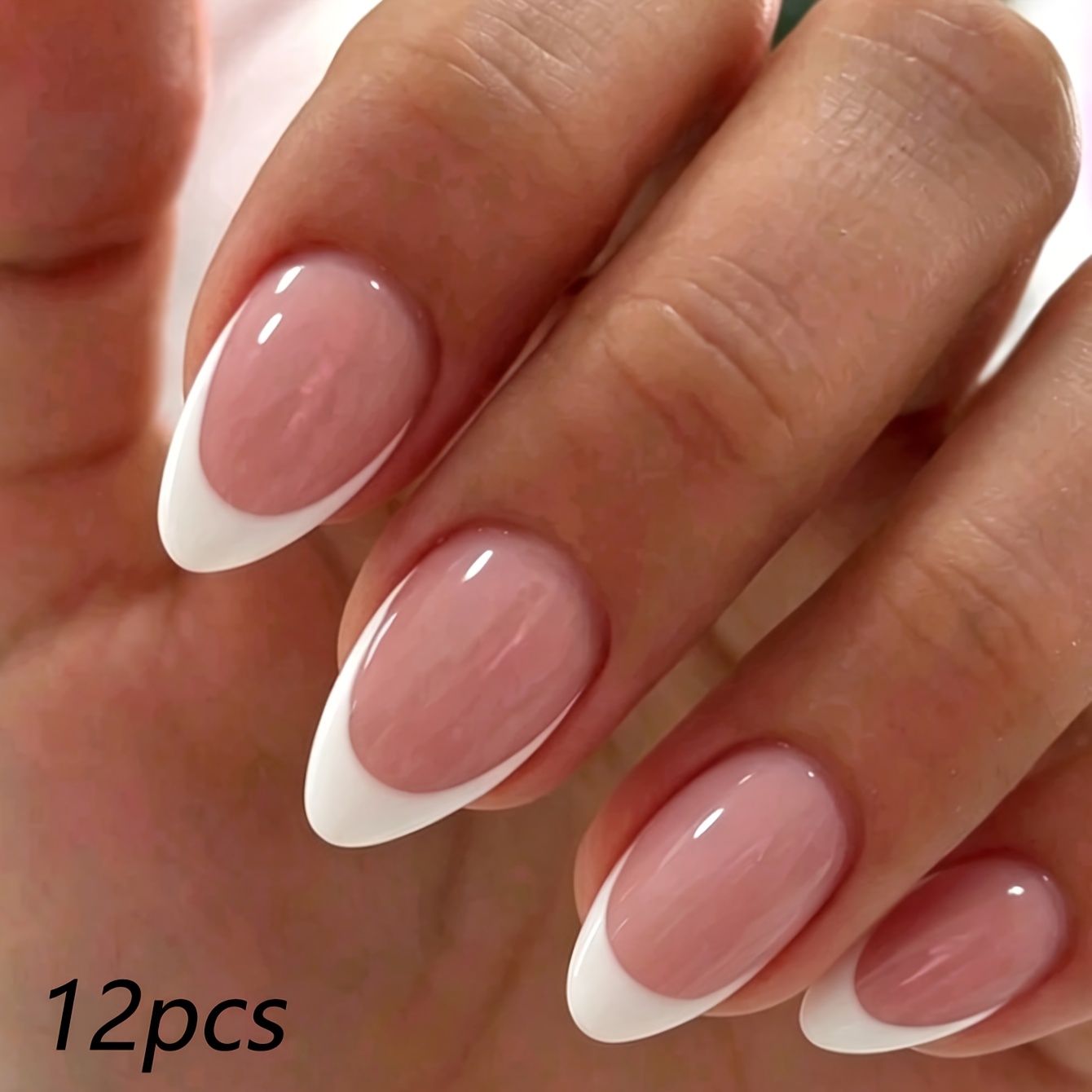 TEMU 12 uñas postizas color rosa nude con diseño minimalista de y forma de , con modernos y elegantes estampados de blancas a rayas para añadir un