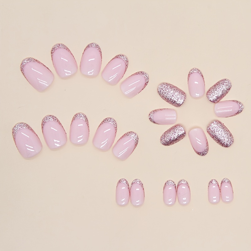 24pcs short explosive fake nails pinkish french false nails sweet oval shaped press on nails details 1