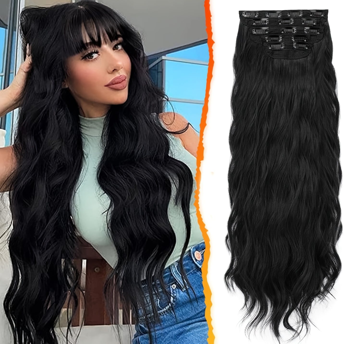 TEMU BARSDAR Extensions de Cheveux à Clips Noir et Marron - 20 Pouces de Cheveux Ondulés pour Femmes - 5 Pièces de Clips Synthétiques Épais et Doux