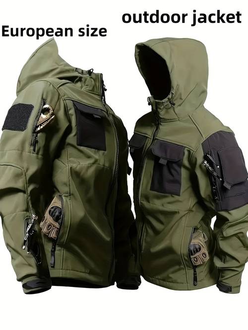 mens jacket outdoor zippered shell jacket windproof scratch resistant warm hooded jacket suitable for outdoor activities technology multiple utility pockets non stretch outdoor gear for camping survival training