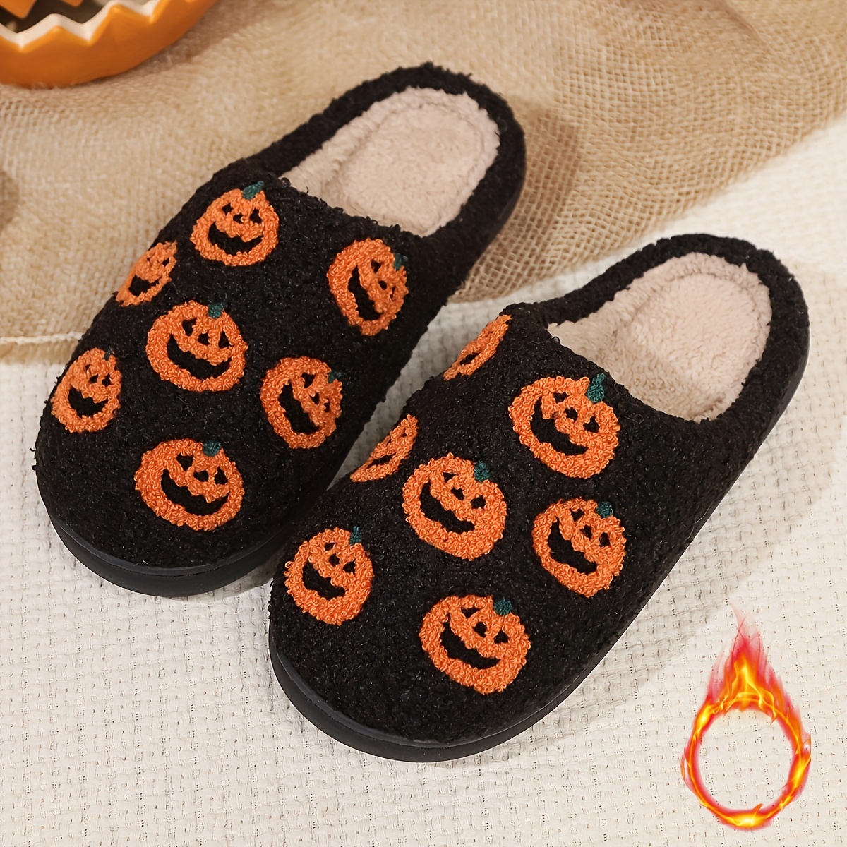 

Men's Halloween Style Pumpkin Pattern Slippers, Comfy Non Slip Casual Thermal Slides, Men's Winter Indoor Footwear