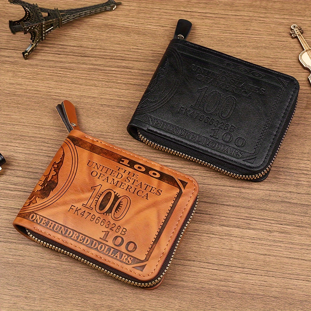 

Men' Casual Wallet - Vintage Print, Leather, Short Zippered Coin Purse, Lightweight Multi-functional, Black