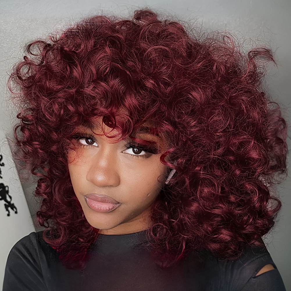 

Chic Burgundy Afro Curly Wig With Bangs For Women - 150% Density, Heat Resistant Synthetic Hair, Needed - Perfect Christmas Gift