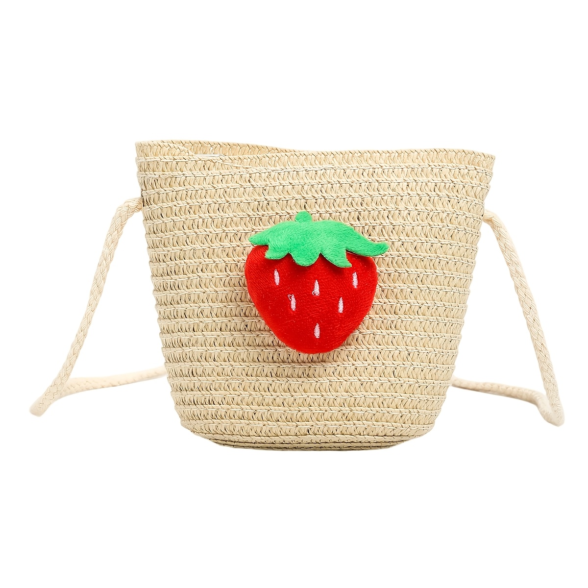TEMU Dames schoudertas, meisjesachtige modieuze mini schoudertas van gevlochten stro met aardbeien, schattige kleine zomertas met kersen