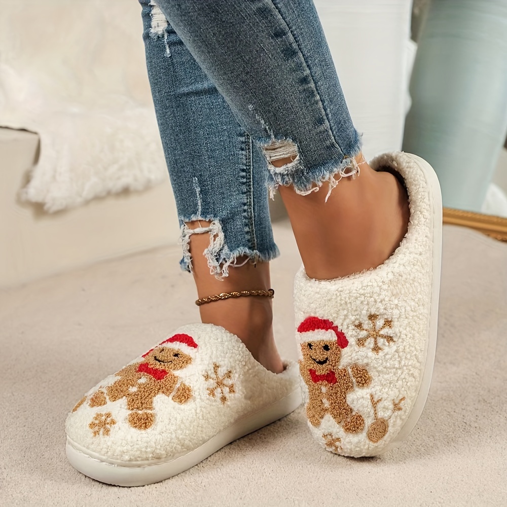 

Cute Cartoon Plush Slippers For Women, Warm Fuzzy Indoor Slippers, Christmas Snowflake Gingerbread Man Slippers, Men's Slippers, Couple Slippers