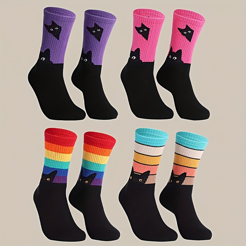 

4pcs Women's Cute Cat Face Striped Mid-calf Socks - Soft Polyester & Elastane , Machine Washable, Vibrant Colors With Black