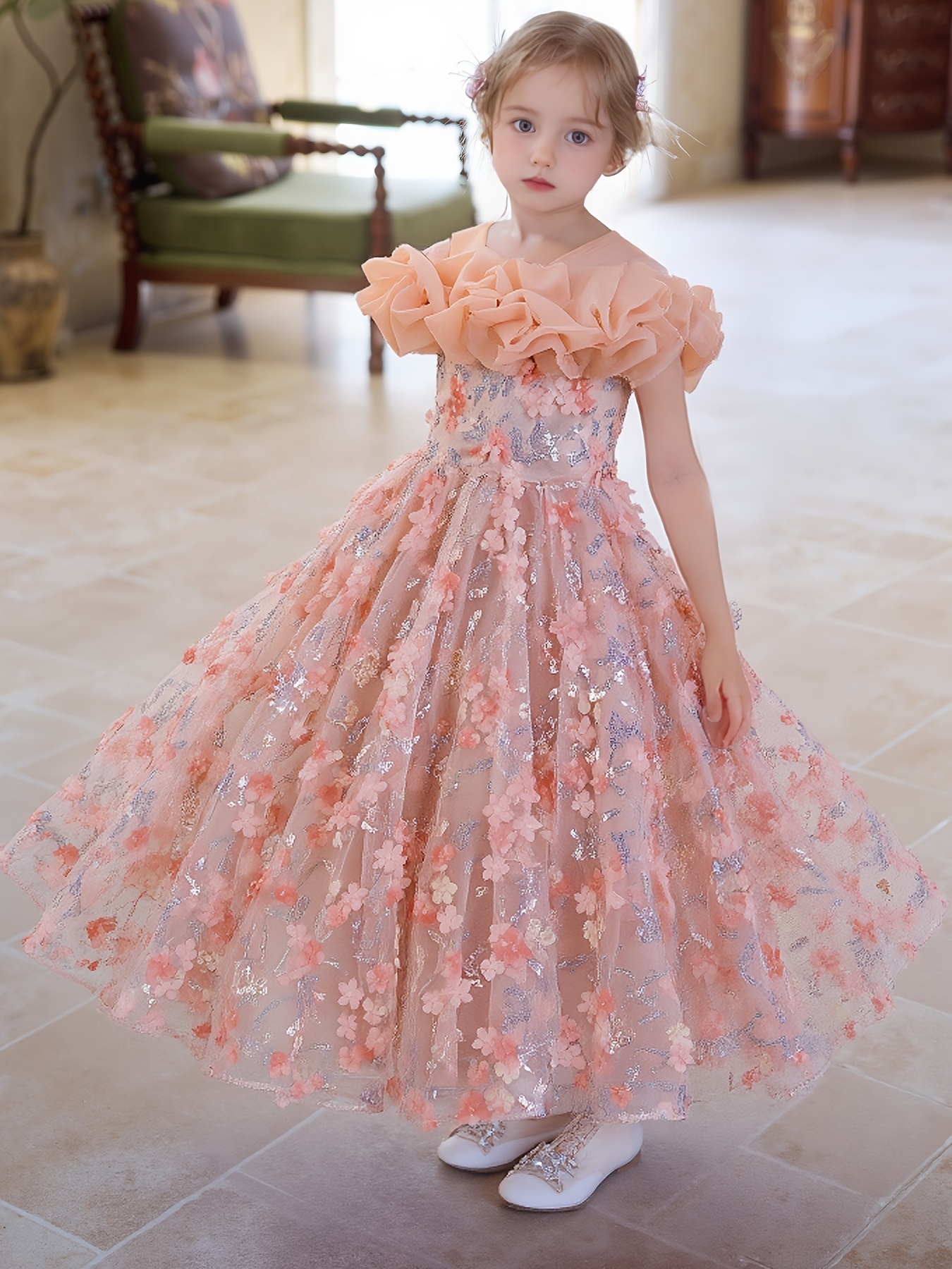 girls pink floral princess dress elegant short sleeve Temu Canada