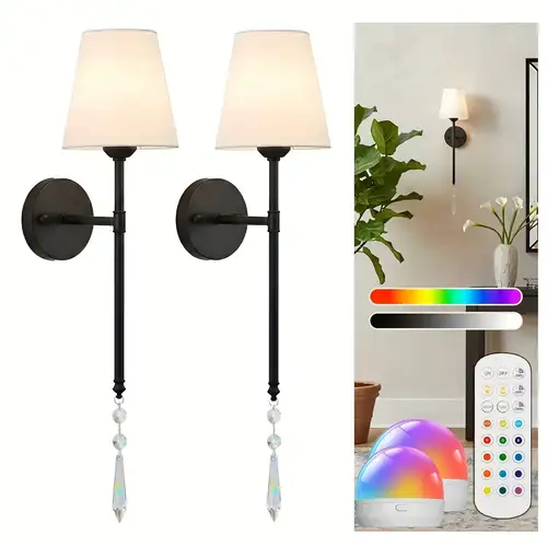 Battery Operated Wall Sconces, Set Of 2, No Cable Required, Battery Wall Lights With Remote Control, Wall Mounted For Bedroom, Includes Charger, 6 Rechargeable Batteries