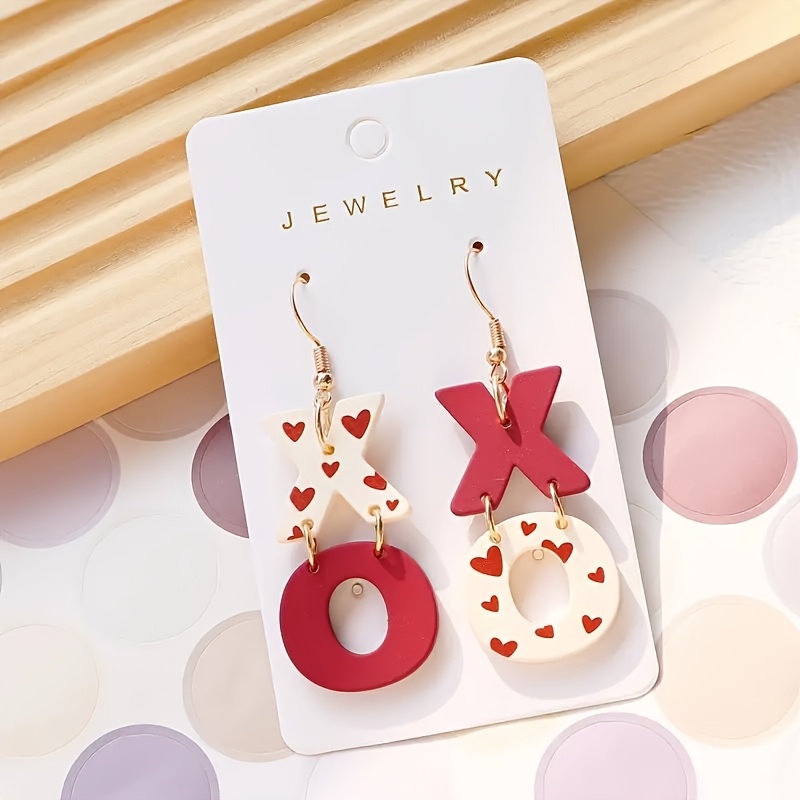 

A Pair Love Print Xo Red Acrylic Dangle Earrings, Perfect Valentine's Day Gift, Stainless Steel Stud Earrings