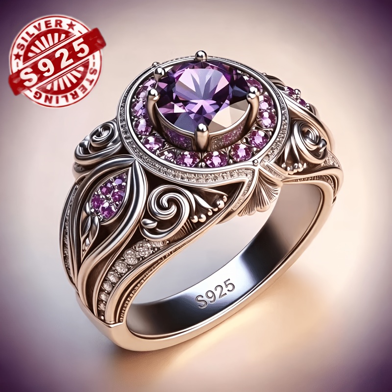 TEMU Bague S925 Argent Pur Style Rétro avec Naturelle Violette Incrustée comme Principale, Bague Industrielle Lourde Sculptée à Adaptée aux Scénarios