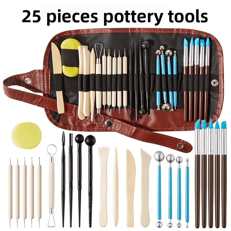 TEMU Kit d'outils de poterie en céramique combiné 25pcs : stylo, , pointe fine, bâton, aiguille et bloc de mousse