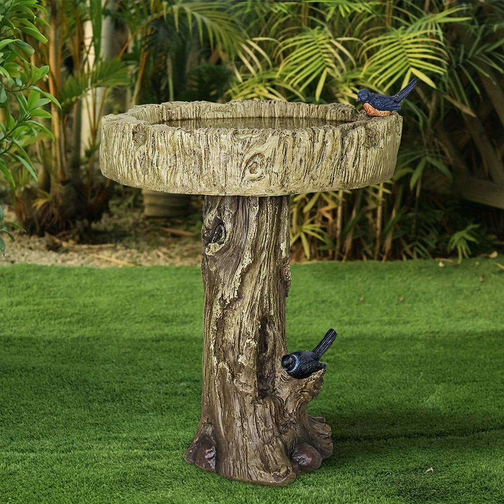 

Tree Trunk Bird Bath - Fibre Reinforced Concrete With Bird Figurines - 24.4" Tall Pedestal For Garden, Patio, Lawn, And Backyard Decor