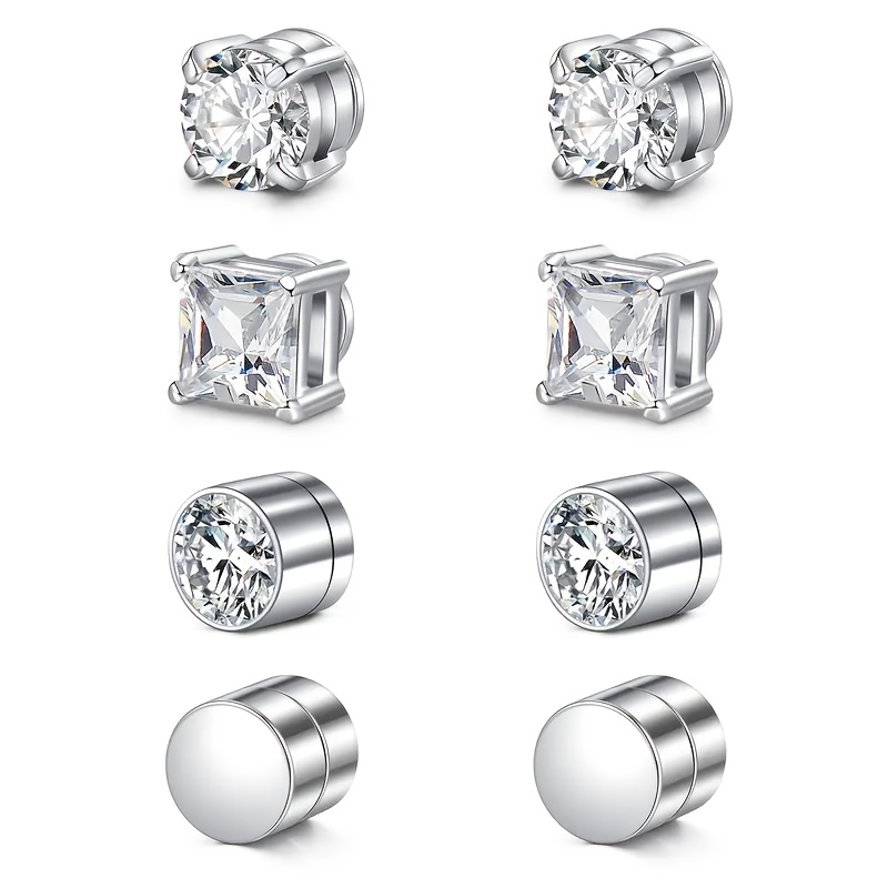 Image of 4 Pairs Fashion Clip-on Earrings Set, 304 Stainless Steel Non-piercing Fake Studs Earrings Set For Men Women, , Ideal For Valentine's, Mardi Gras, Christmas Gifts