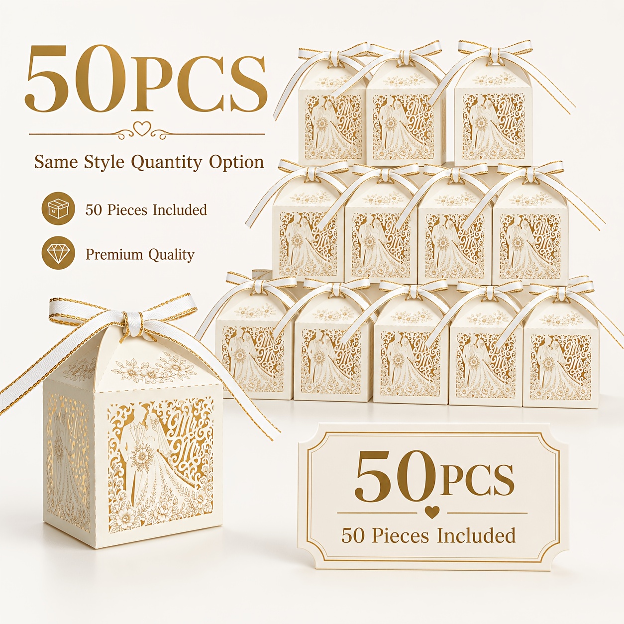 TEMU Gift For Her/him 25/50 Ivory Wedding Favor Boxes With Ribbon, Suitable For Wedding Favors, Anniversary Parties, Bridal Showers, Party Snacks,