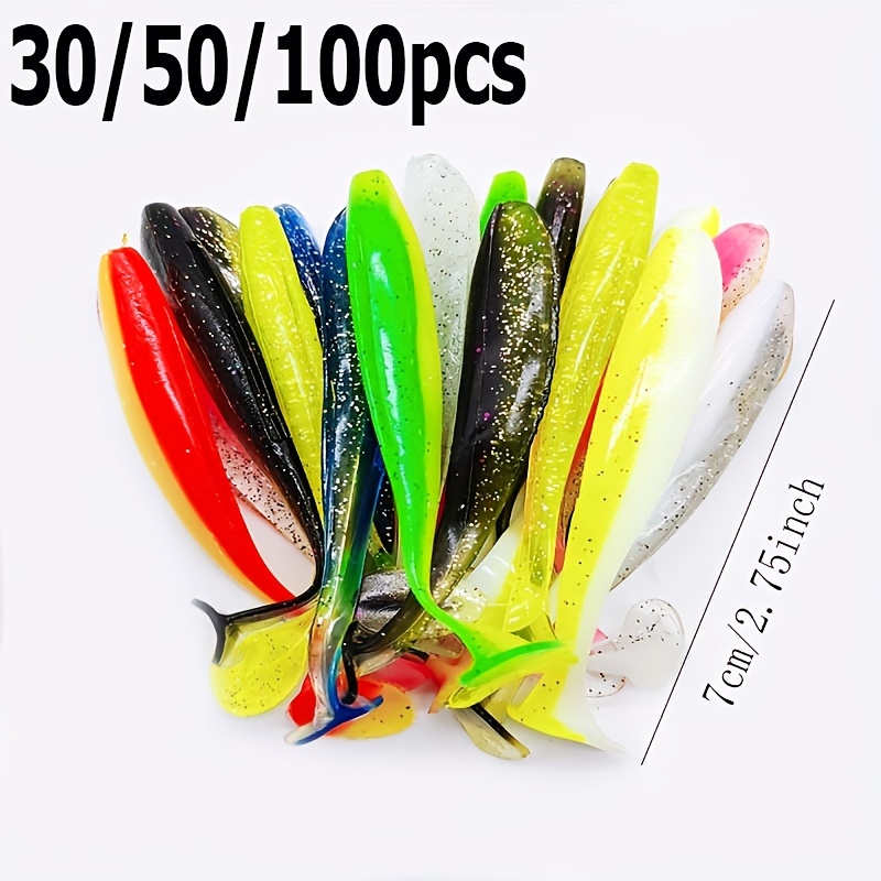 

30/ 60/ 100pcs Vibrant Multicolored Fishing Lure Set - Bionic T-tail Worm With Life-like Action - Accessorya For Exciting Catching