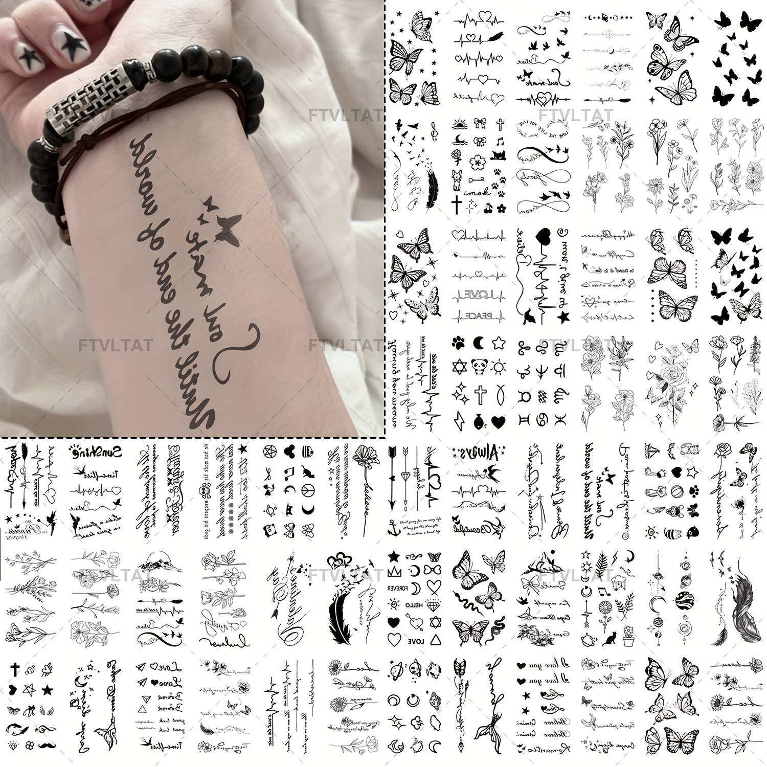 60pcs Small Temporary Tattoo Set, Over 500 Mixed Black Designs - Infinity Symbol, Heart, Butterfly, Moon, Planet, Wings, Plain Flowers, Inspirational Text - Small Size Female Body Art Accessories - Perfect for Fingers, Wrists, Collars, Temporary Tattoo For Woman 0