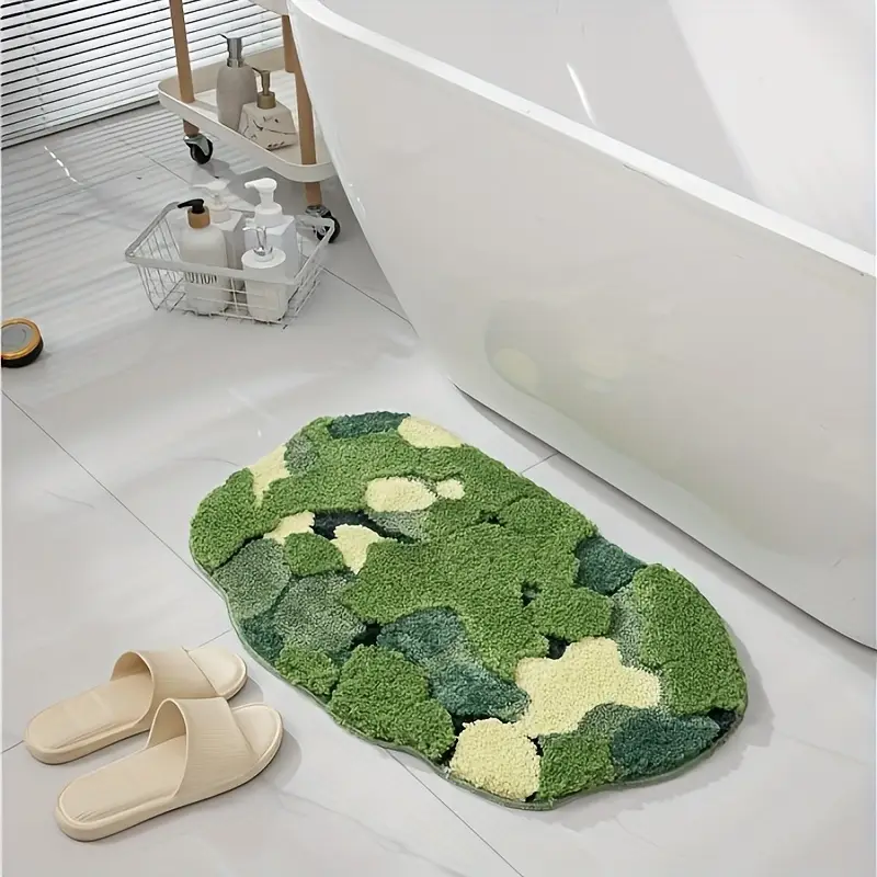 ultra soft plush moss shaped bath mat with non slip tpr backing super absorbent polyester machine washable rectangular rug for bathroom decor Product details 0