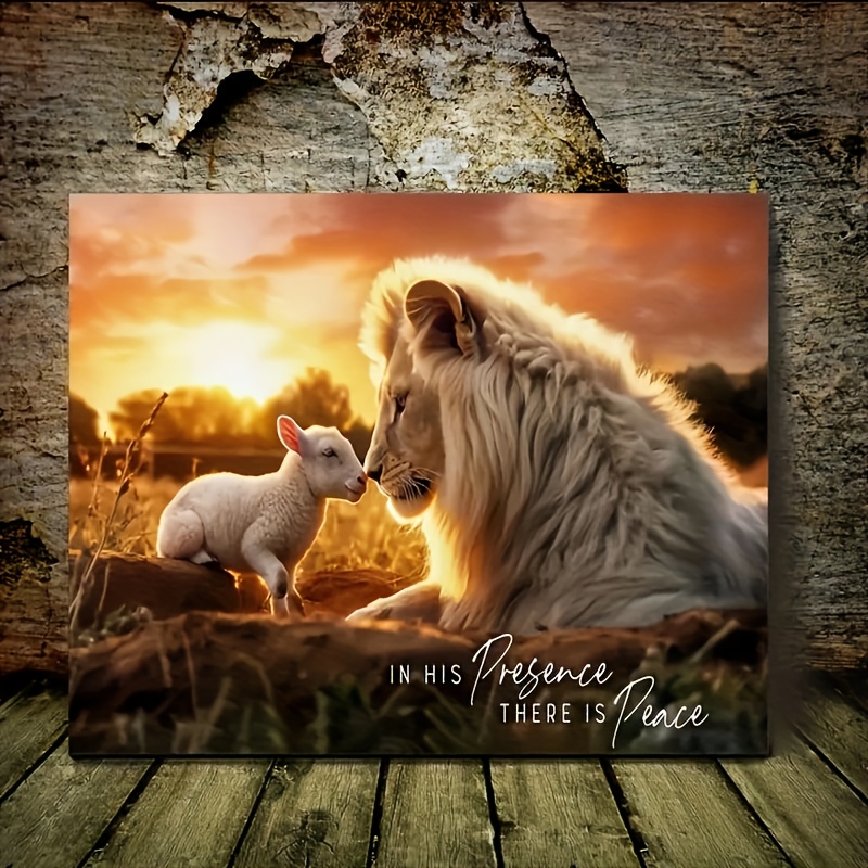 

1pc Wooden Framed Canvas Painting In His Presence There Is Peace - Lion And Lamb Wall Art, Ready To Hang, For Living Room & Bedroom Decoration, Festival Gift For Her/him
