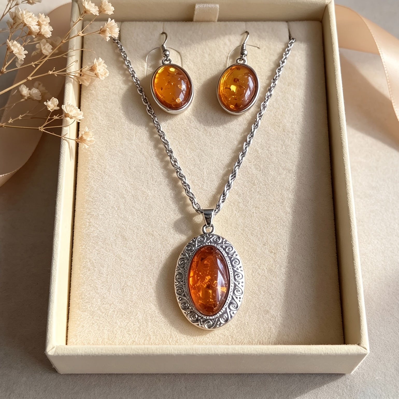 TEMU Ein Set aus natürlichem Bernstein-Halskette Bernstein-Ohrring-Anhängern, ein Schmuckset im Bohemian-Stil, versilbertes Schmuckset, die perfekte