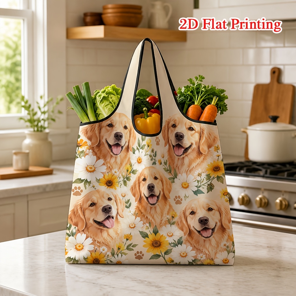 TEMU 1pc Golden Retriever Puppy Chrysanthemum Floral Pattern, 2d Printed Large Portable Handbag, Suitable For Grocery Shopping And Travel, Machine
