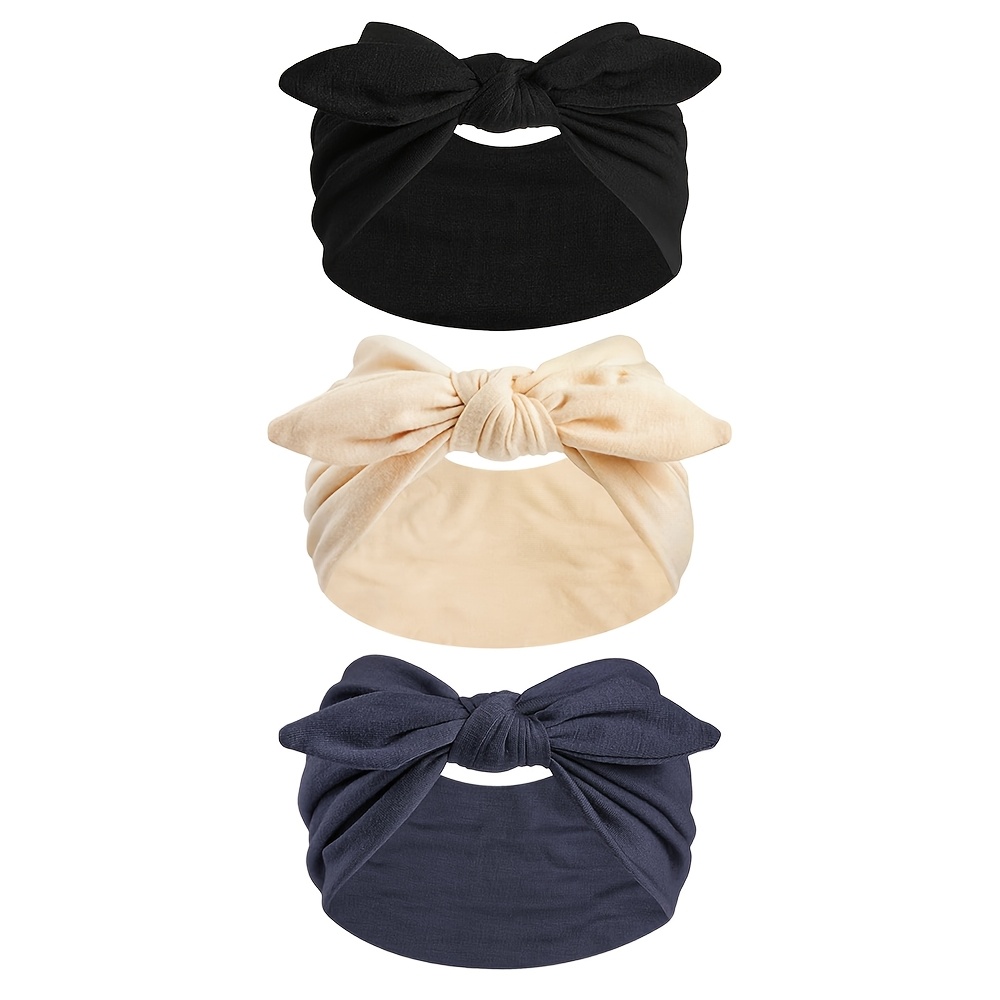 TEMU 3pcs Boho Unisex Thick Non-slip Headbands, Soft Stretchy Wide Hair Bands With Rabbit-ear Bow Knotted Design, Women Hair Additions For Makeup