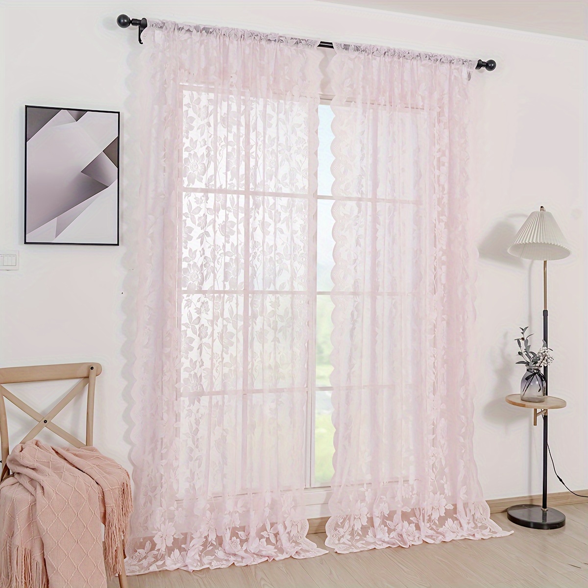 Image of 2pcs Rod Pocket Lace Sheer Curtains, Unlined, Semi-transparent, Flowy, Wrinkle-free, Machine Washable, 2 Panels With Matching Patterns, For Bedroom, Kitchen, Wardrobe, Decorative Window Curtains