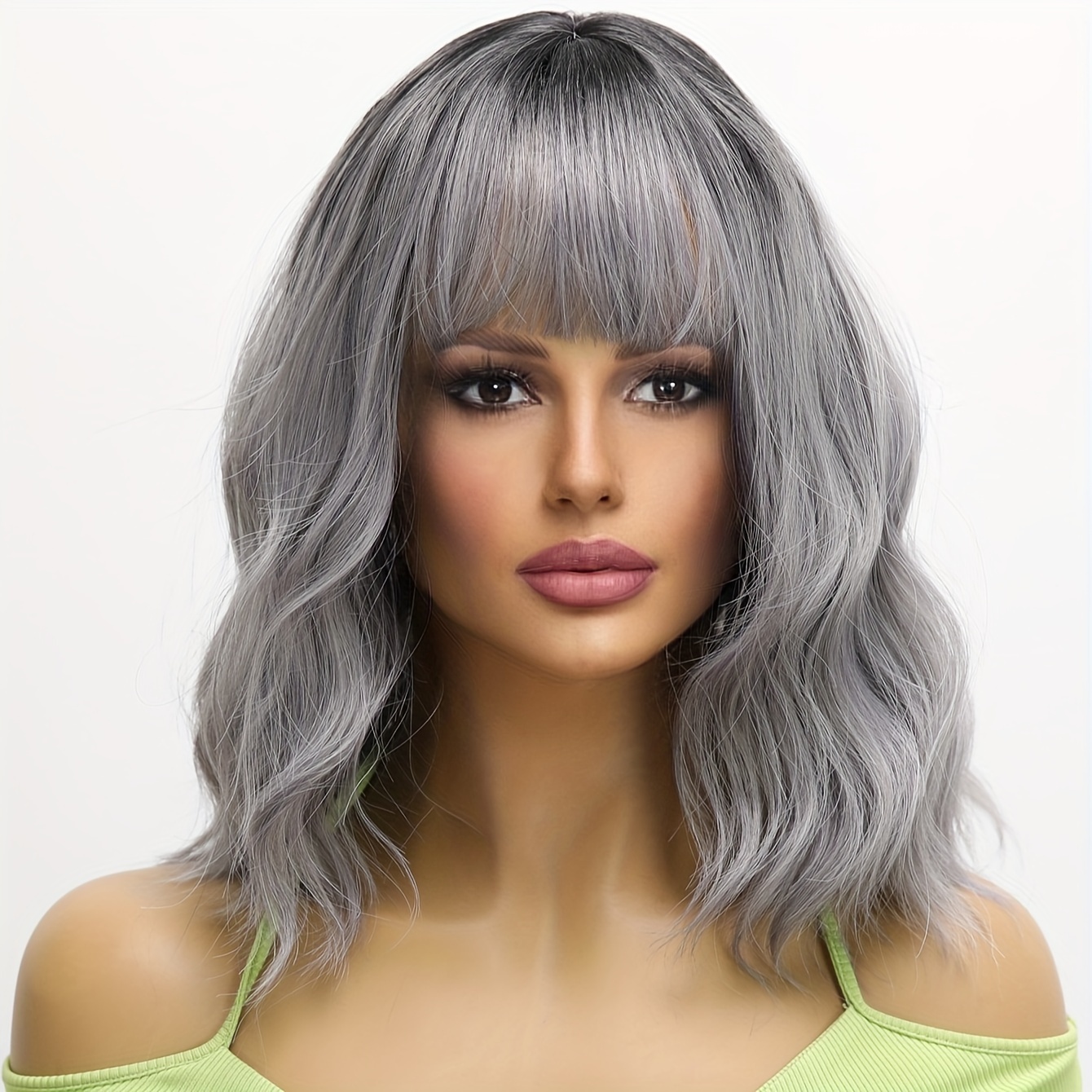 

Just Arrived Shoulder-length Curly Wavy Gray Wig, Airy Bangs And , Synthetic Fiber Wig, Casual Urban Style, Suitable For Parties And Daily Wear, Easy To Manage, 16 Inches Long.