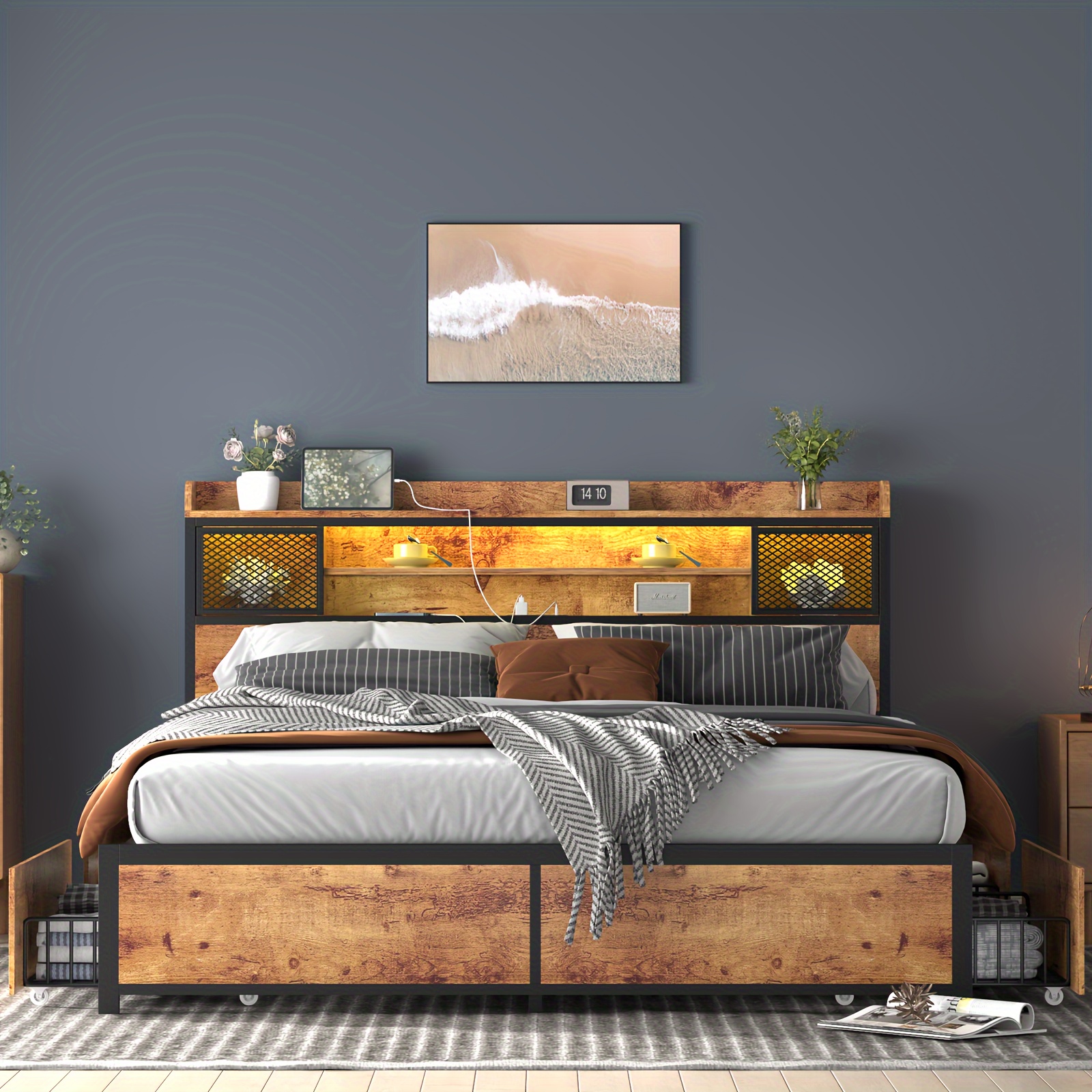 

Large Bed With 4 Storage Drawers, Metal Platform Bed Frame Size, With 3-layer Storage Headboard, No Spring Box Required