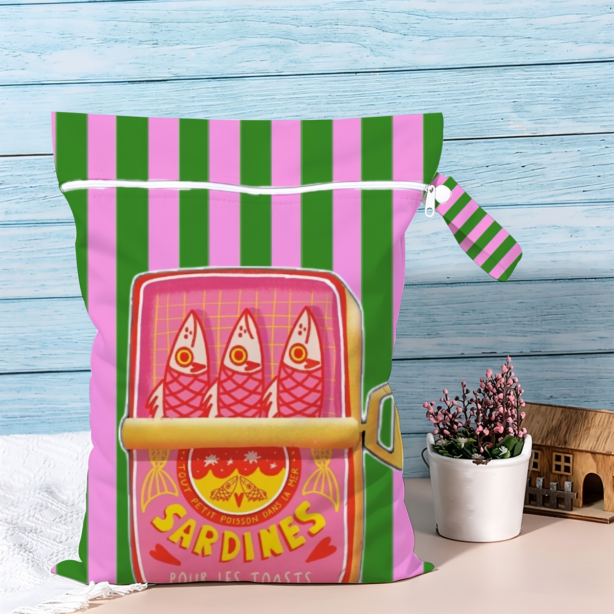 TEMU Groen-roze gestreepte vintage sardientinnenblik kunstdruk draagbare tas met nat- scheiding voor strand, reizen, kledingopslag, etui met rits