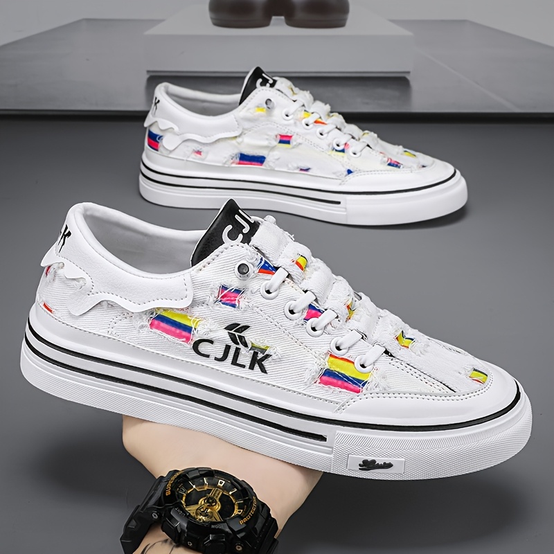 Men'S Colorful Striped Low-Top Canvas Sneakers - Black with White Sole, Lace-Up Casual Shoes for All-Season Wear, Streetwear Style, Round Toe Design, Sneakers | Trendy Streetwear | Durable PVC Sole