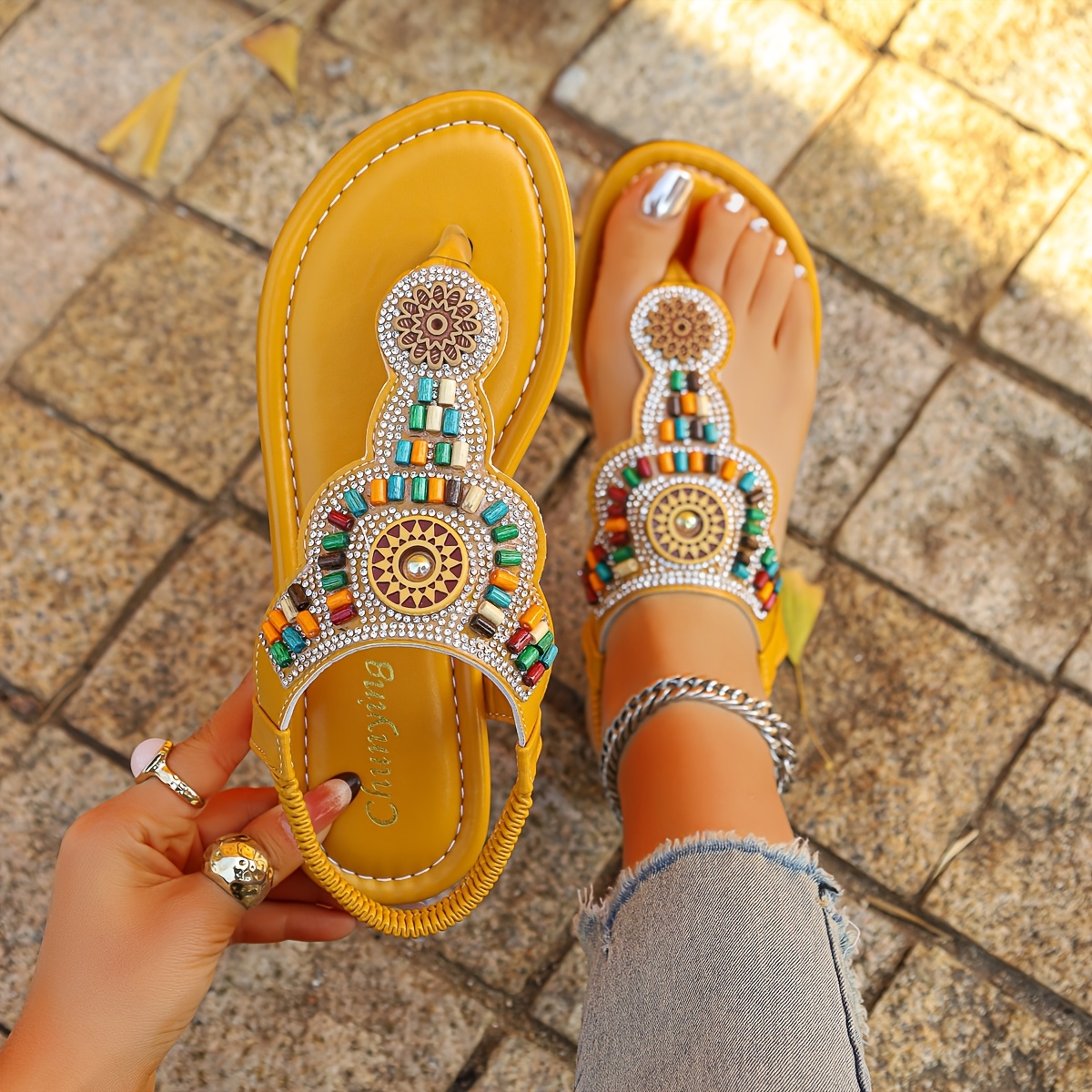 TEMU Comfortable And Versatile Toe-post Bohemian Style , Korean Version Women's Shoes, New Summer Flat Sandal Slippers For Women, Women Shoes