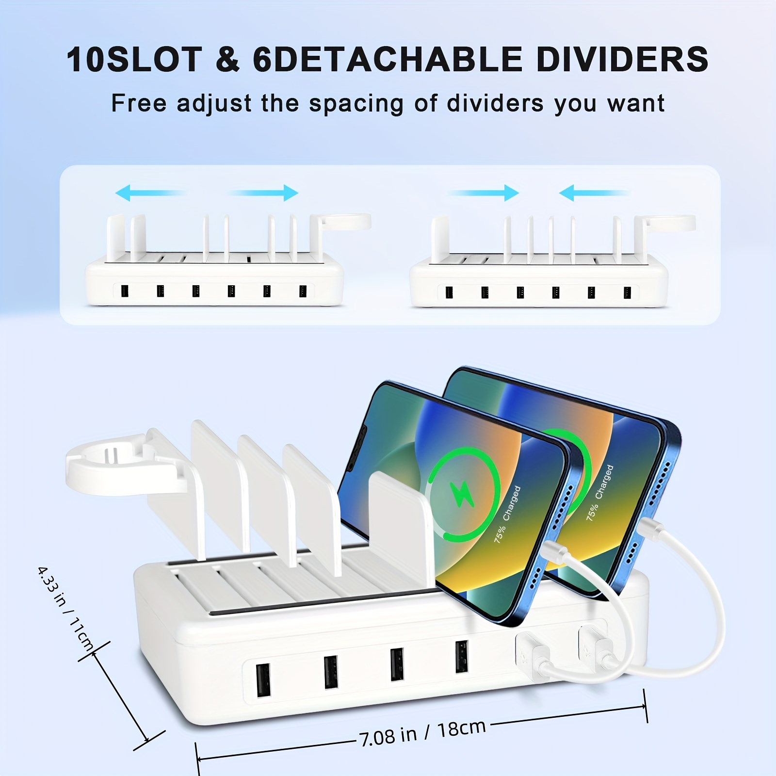 50W 6-Port USB Fast Charging Station with 10-Slot Organizer, Detachable Dividers, and Watch Holder for Phones, Tablets, and Kindles
