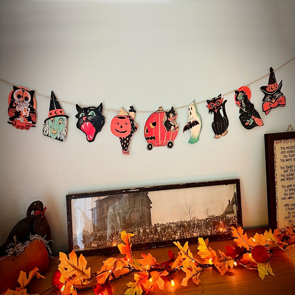 

Vintage Banner Set With Pull String, 9 Pieces - Retro Banner With Pumpkins, Black Cats, , , And More - Perfect For Living Room, Bedroom, Or Party Decorations - No Electricity Required