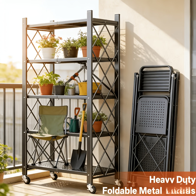 3 4 5 tier large storage rack with wheels 3 4 5 tier heavy duty metal storage rack foldable collapsible storage shelf household kitchen organizer no assembly commercial storage rack organizer suitable for garage pantry laundry room Product details 1