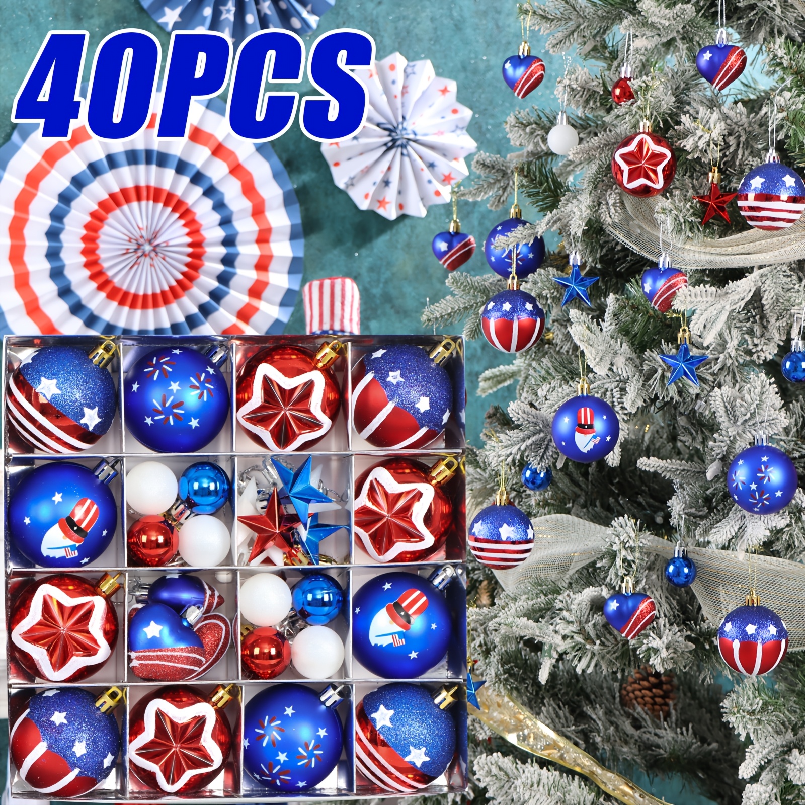 TEMU 40pcs Patriotic Ornaments Balls - Memorial Day Tree Table Decorations - Shatterproof Americana Hanging Decor - Day Usa 250th Anniversary