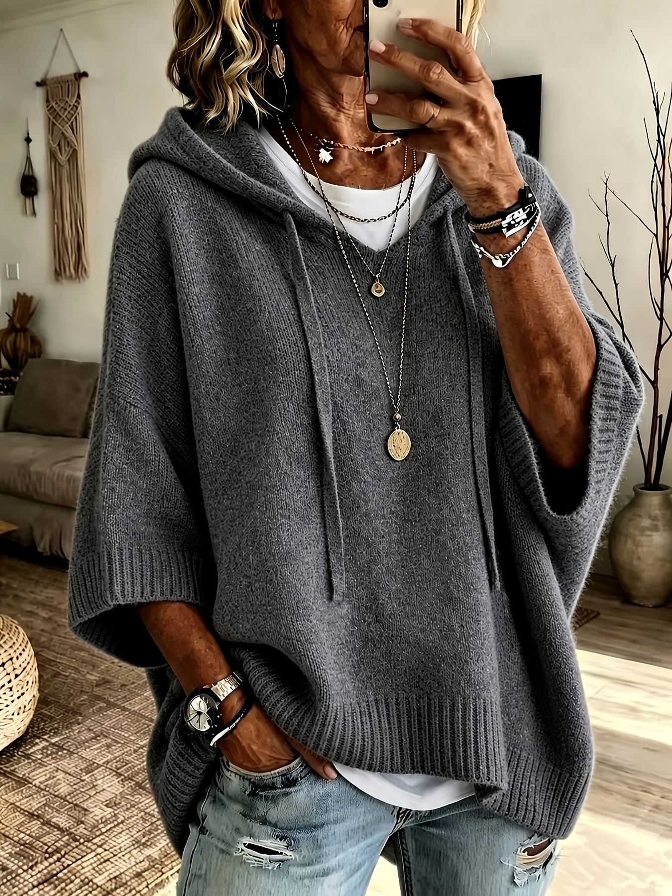 Artikelbild damen eleganter, lässiger, niedlicher, kapuzenpullover, kurzer umhangcardigan mit fledermausärmeln, kurzärmelig, halblangärmelig, strickware, plüsch, gemustert, einfarbig, weicher, warmer pullover
