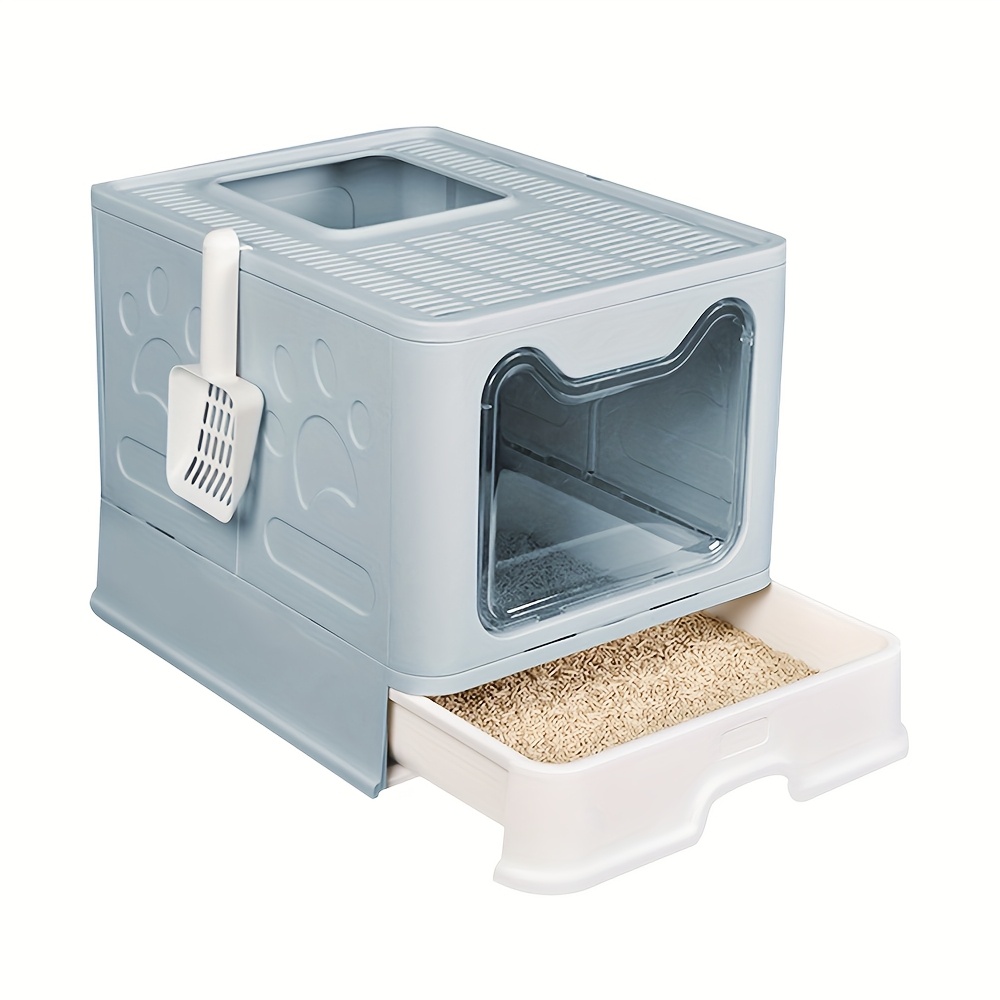 Extra Large Dual Channel Enclosed Cat Litter Box, Cat Litter Box With Tray And Scoop, Rectangular Cat Litter Box, Portable For Indoor And Outdoor Use, Blue