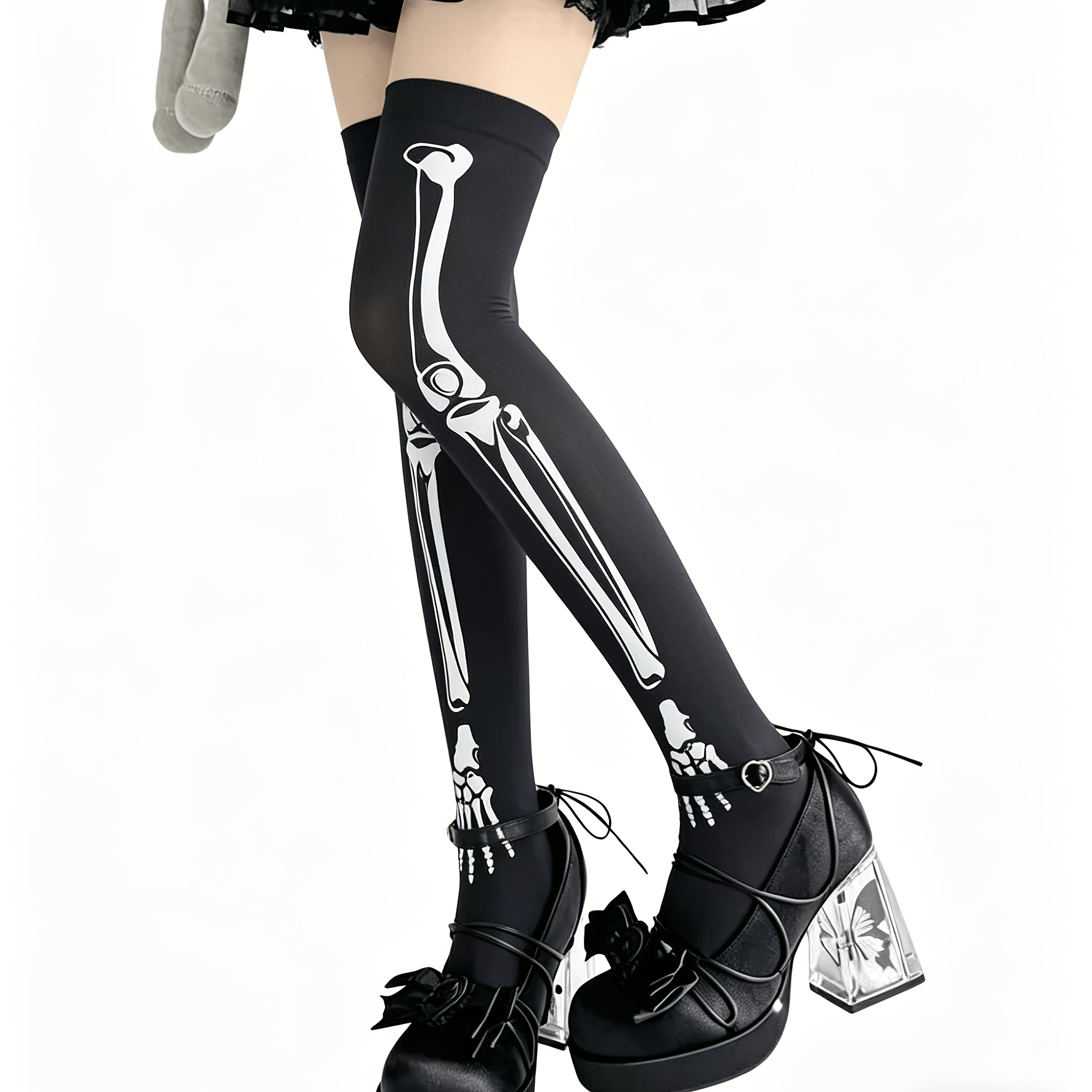 TEMU Halloween Skeleton Print Over-the-knee Socks, Dark Style Individual Thigh Socks, Party Cosplay